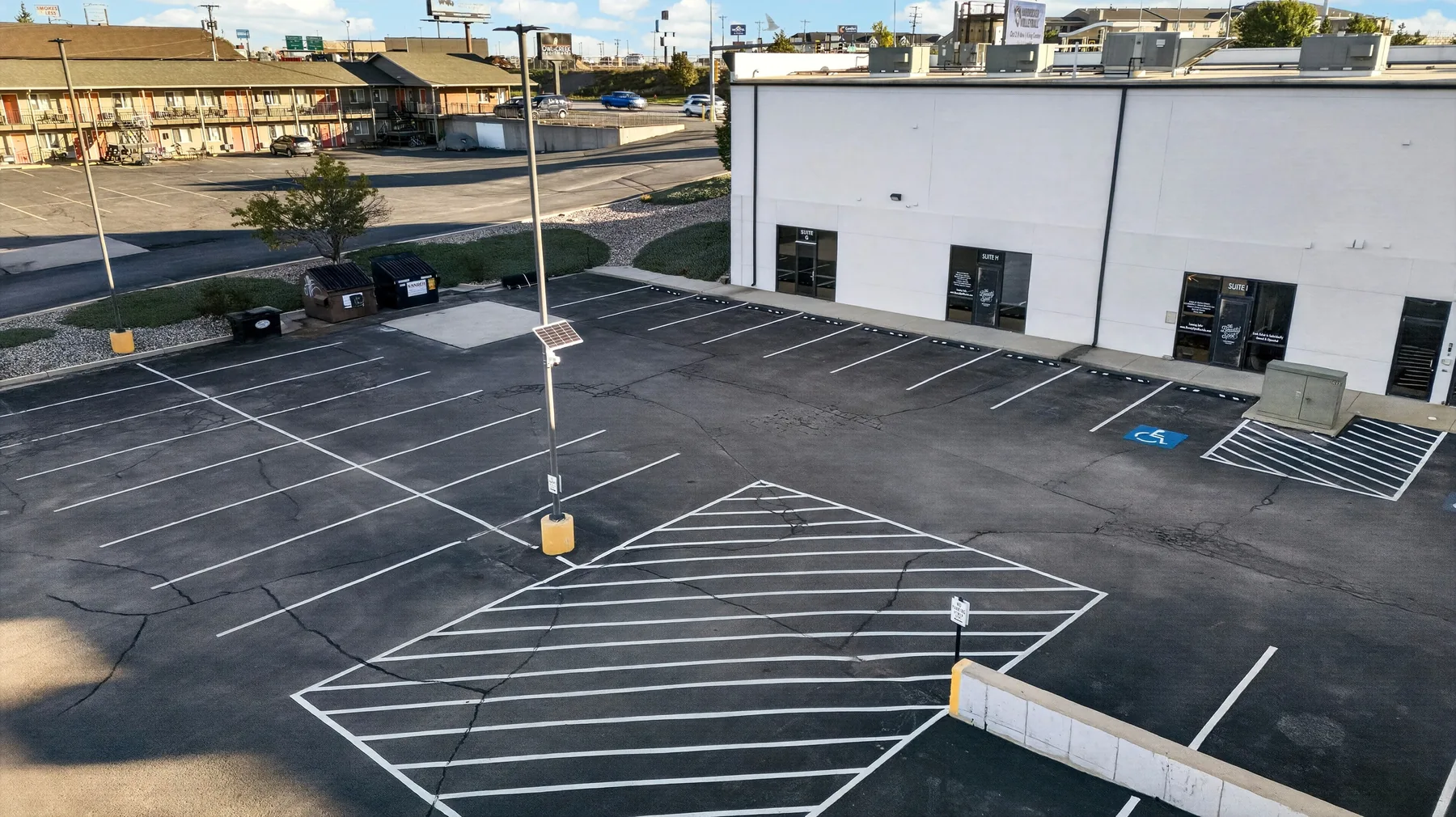 Elevated view of The Beauty Spot building and parking area