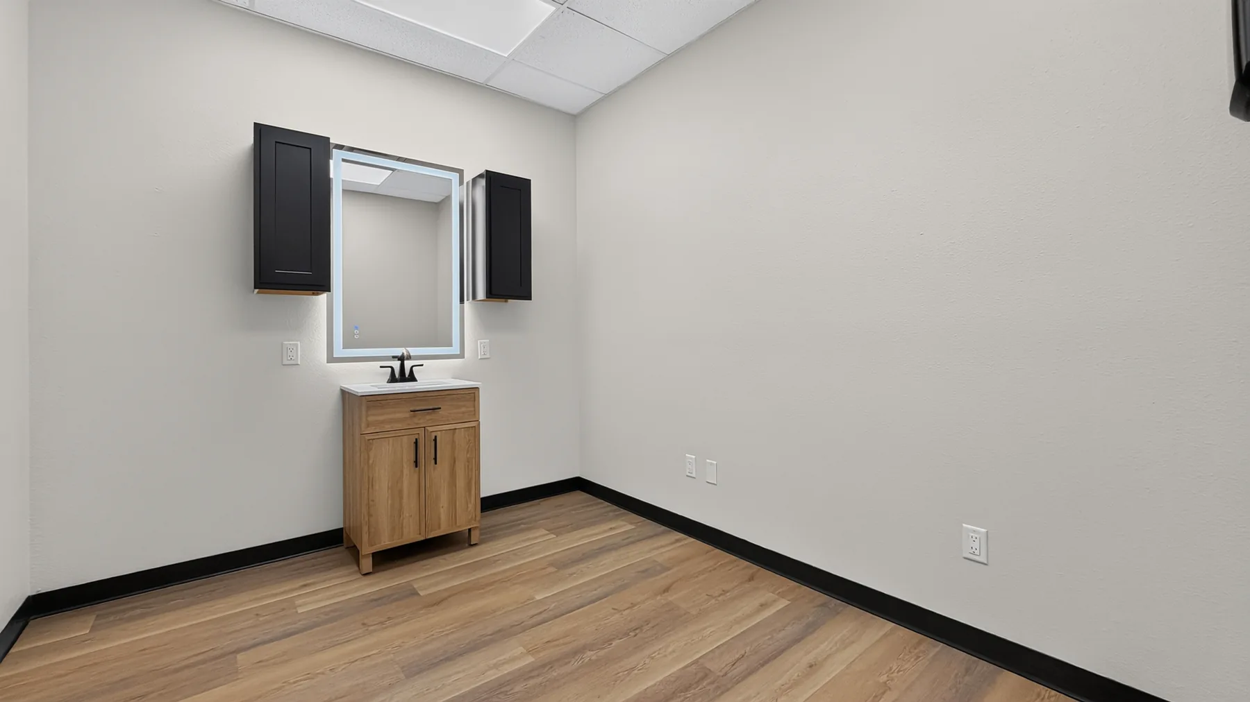 Unfurnished private studio with wood-look flooring, sink, and illuminated mirror
