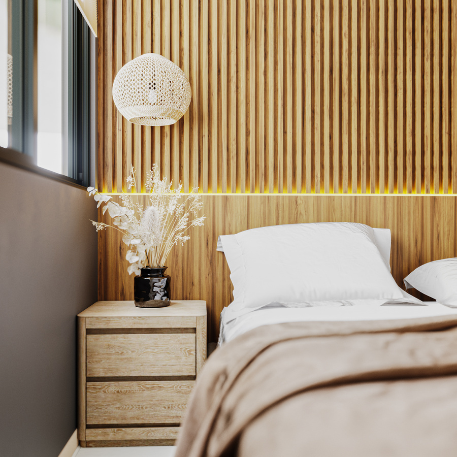 Wooden Wall and Furniture by a Bed 